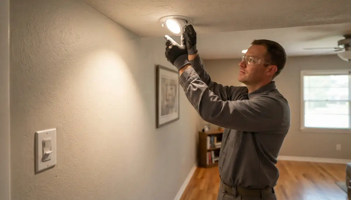 Electrician tests and aims a newly installed light fixture with dimmer controls in Oklahoma City, OK
