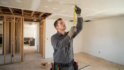Electrician measures ceiling locations for fire alarm detector placement in an Oklahoma City home