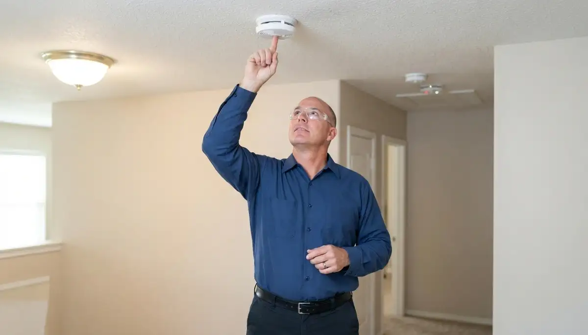 Oklahoma City electrician testing interconnected ceiling smoke detectors in a home