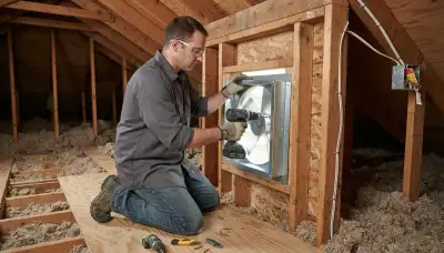 Electrician mounts and wires an attic fan in an Oklahoma City, OK home attic