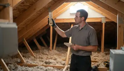 Electrician measures attic temperature with a thermometer for fan sizing in Oklahoma City, OK