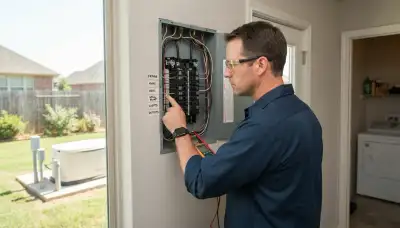 Electrician assesses essential circuits at an open panel for generator installation in Oklahoma City, OK