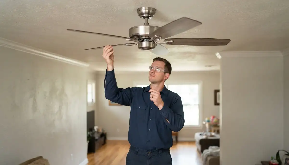 Electrician verifies ceiling fan blade balance before operation in an Oklahoma City, OK home