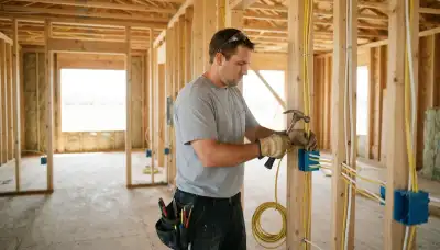 Oklahoma City, OK electrician fastening boxes and routing cable through studs for new construction wiring