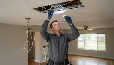 Electrician inspecting ceiling box and support brace for chandelier installation in Oklahoma City, OK