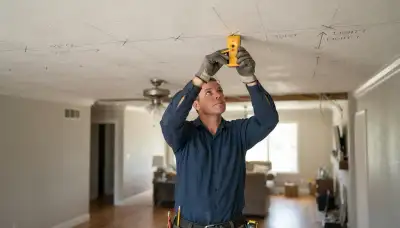 Oklahoma City, OK electrician marking ceiling joists for recessed lighting installation with a stud finder and chalk ...