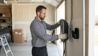 Electrician mounts an EV charger with dedicated circuit conduit in an Oklahoma City, OK garage