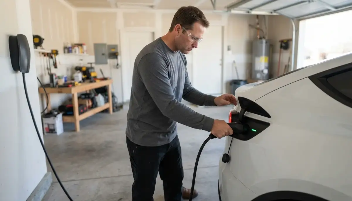 Electrician tests an EV charger by connecting it to a vehicle in Oklahoma City, OK
