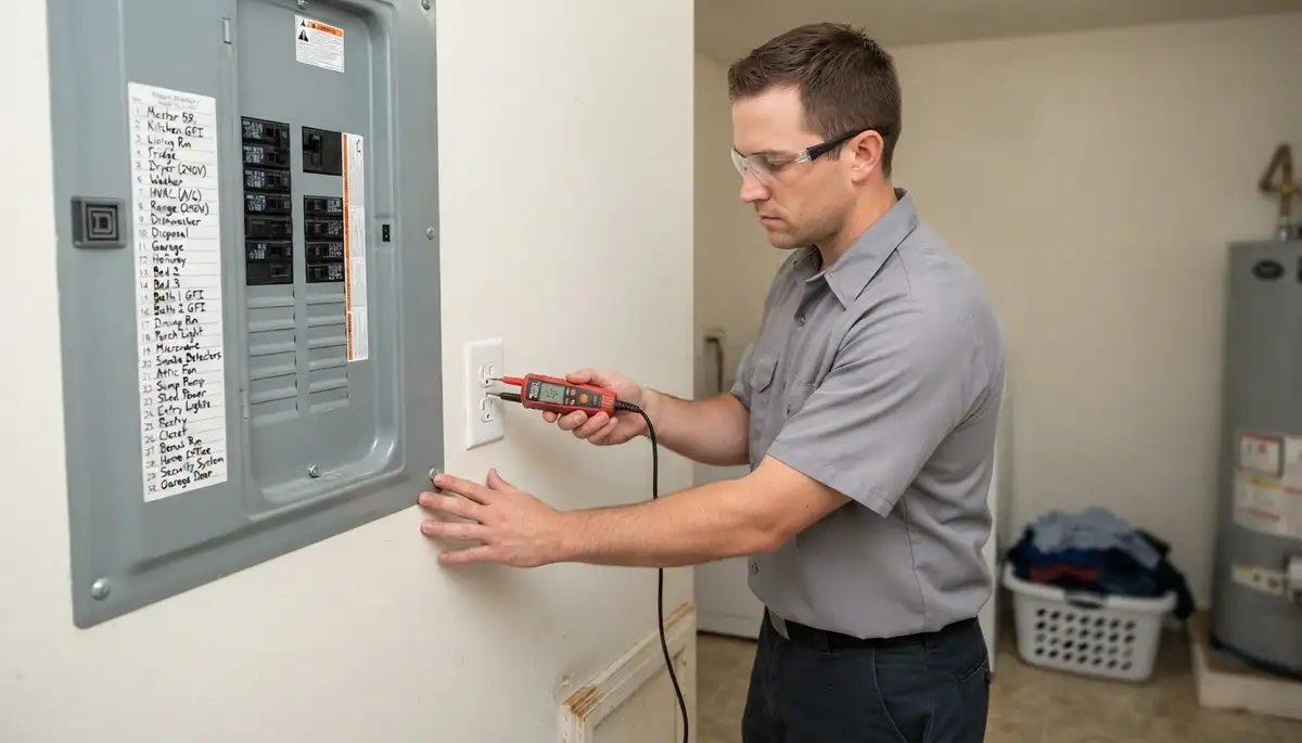 Electrician tests labeled circuits after an electrical panel upgrade in an Oklahoma City, OK home