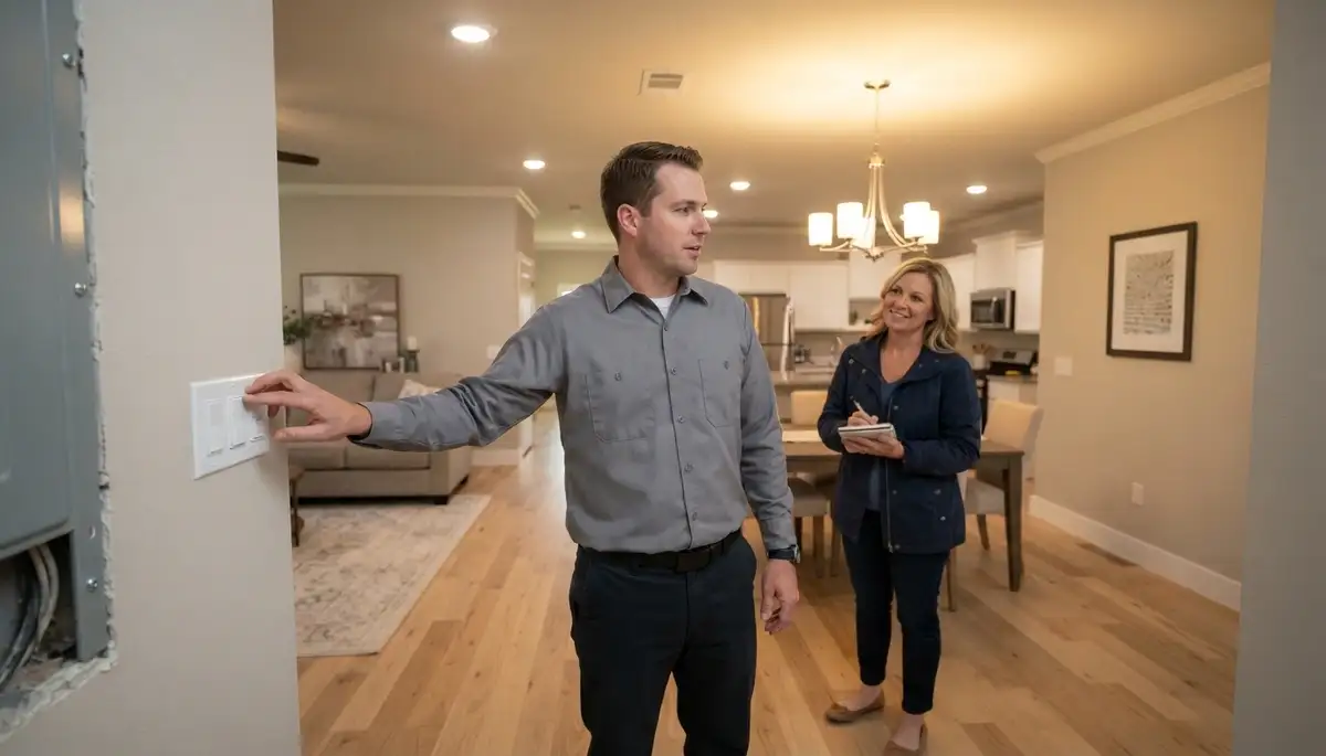 Oklahoma City electrician demonstrates completed lighting installation and dimmer controls to a homeowner