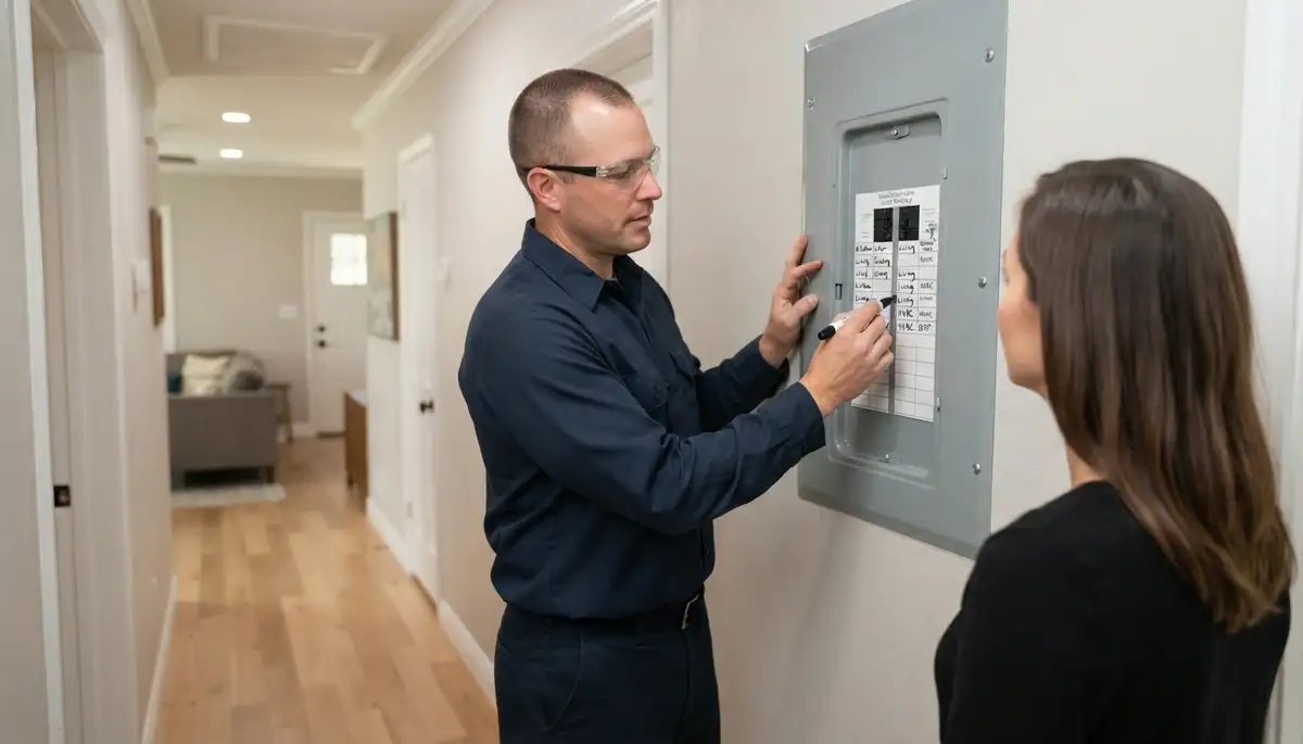 Licensed electrician explains a labeled load center panel to a homeowner in Oklahoma City, OK