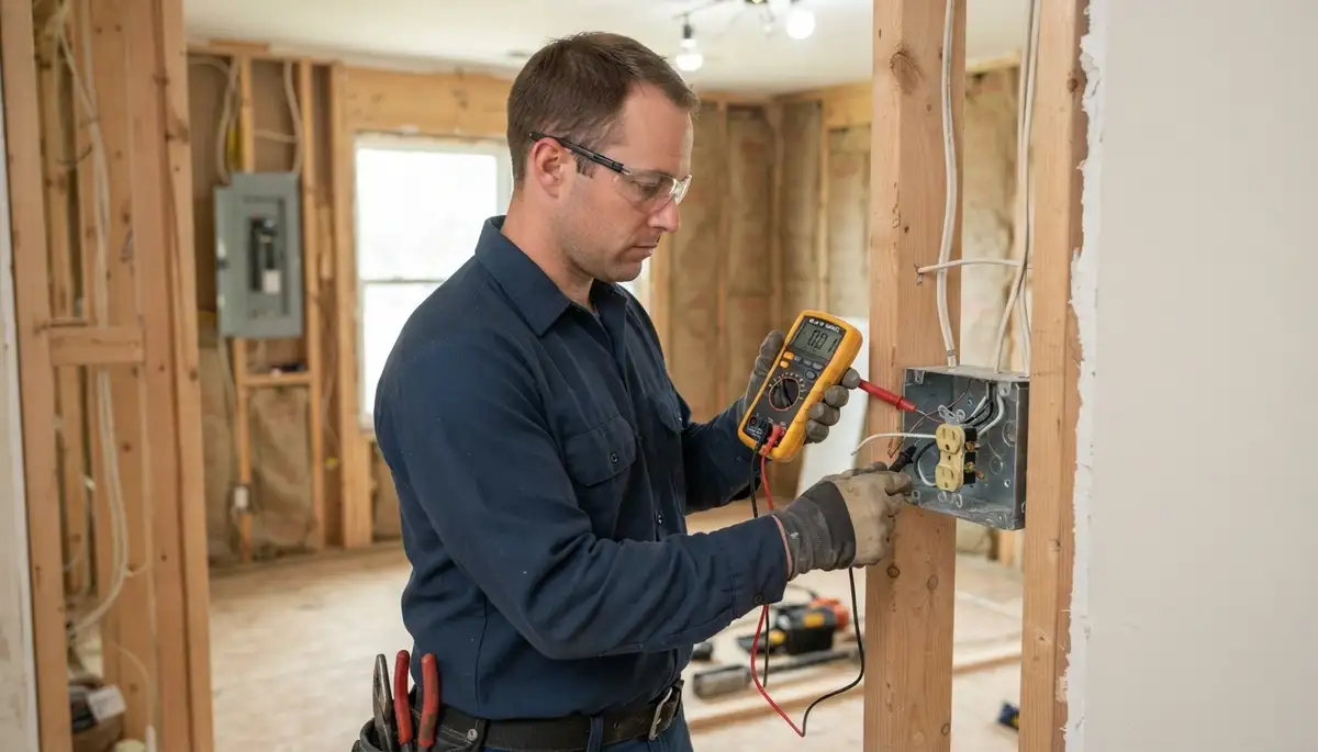 Electrician testing wiring continuity and polarity in an open electrical box in Oklahoma City, OK
