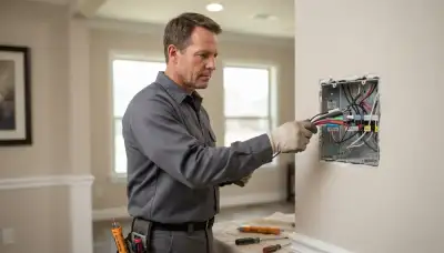 Oklahoma City electrician assesses wiring in an open gang box for programmable lighting controls