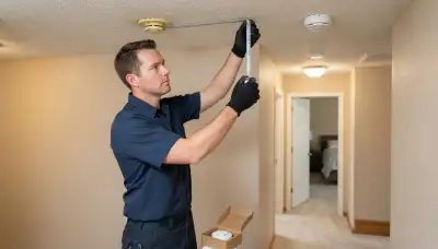 Electrician measuring hallway ceiling for smoke detector placement in an Oklahoma City, OK home