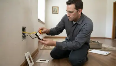 Electrician testing wall receptacle terminals during a home electrical inspection in Oklahoma City, OK