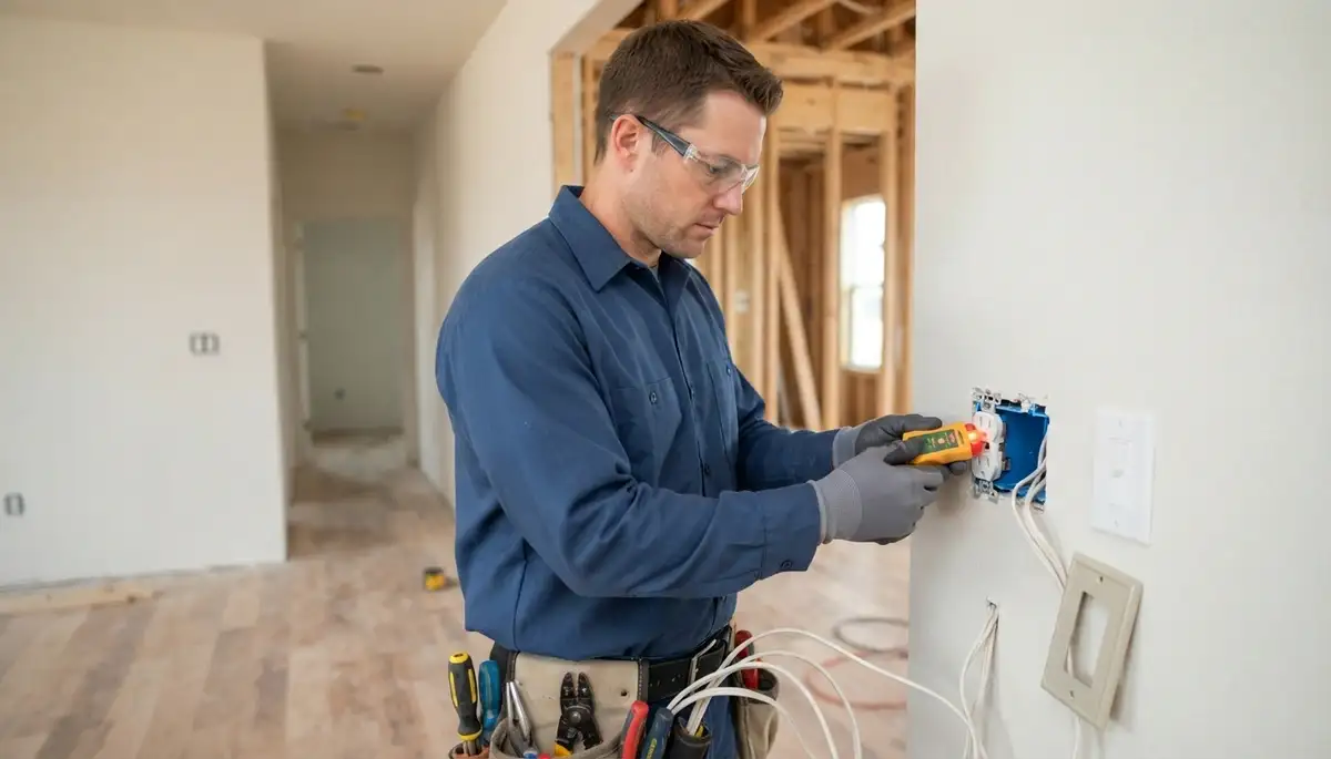 Electrician installing receptacles and switches and testing circuits in a new Oklahoma City, OK home