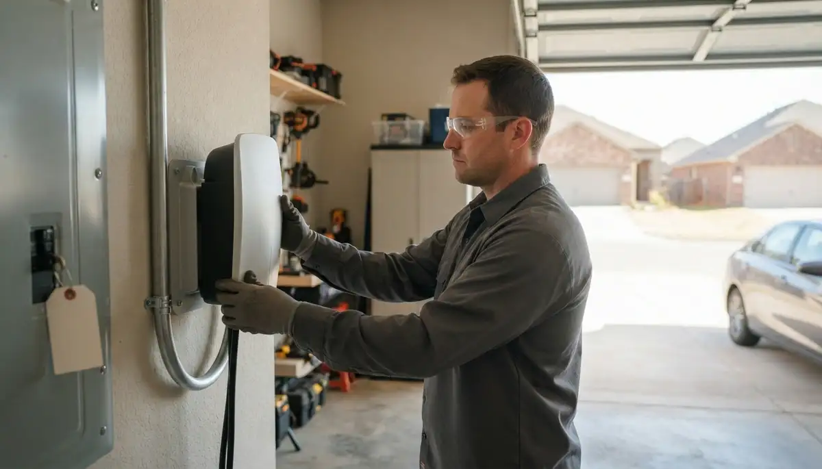 Electric vehicle charger installation in a Choctaw, OK garage by a licensed electrician