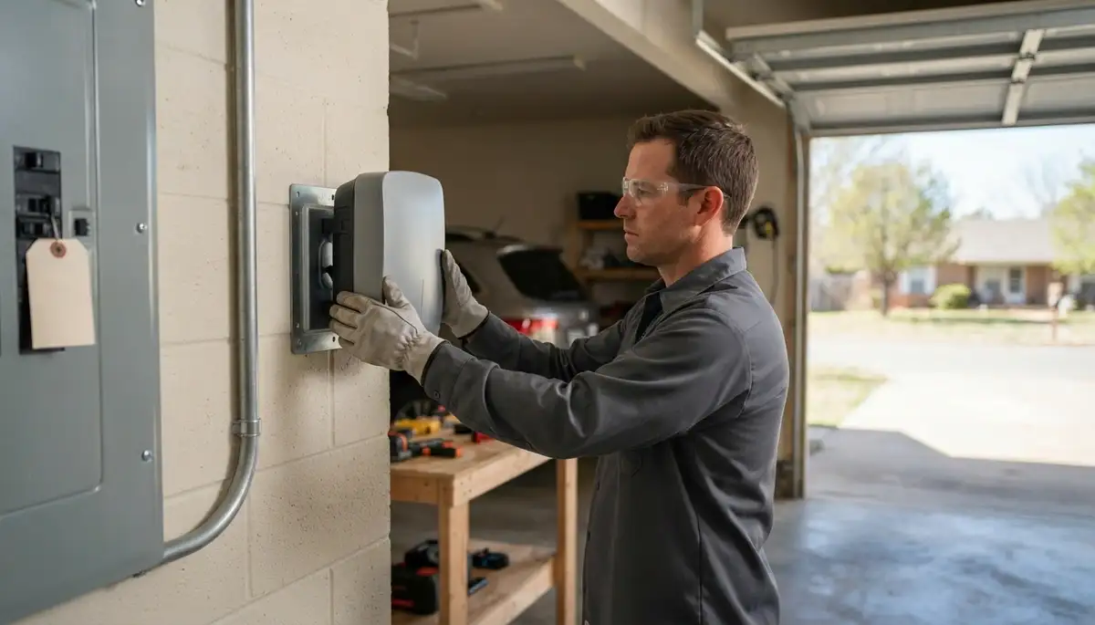 Residential EV charger installation by an electrician in Harrah, OK