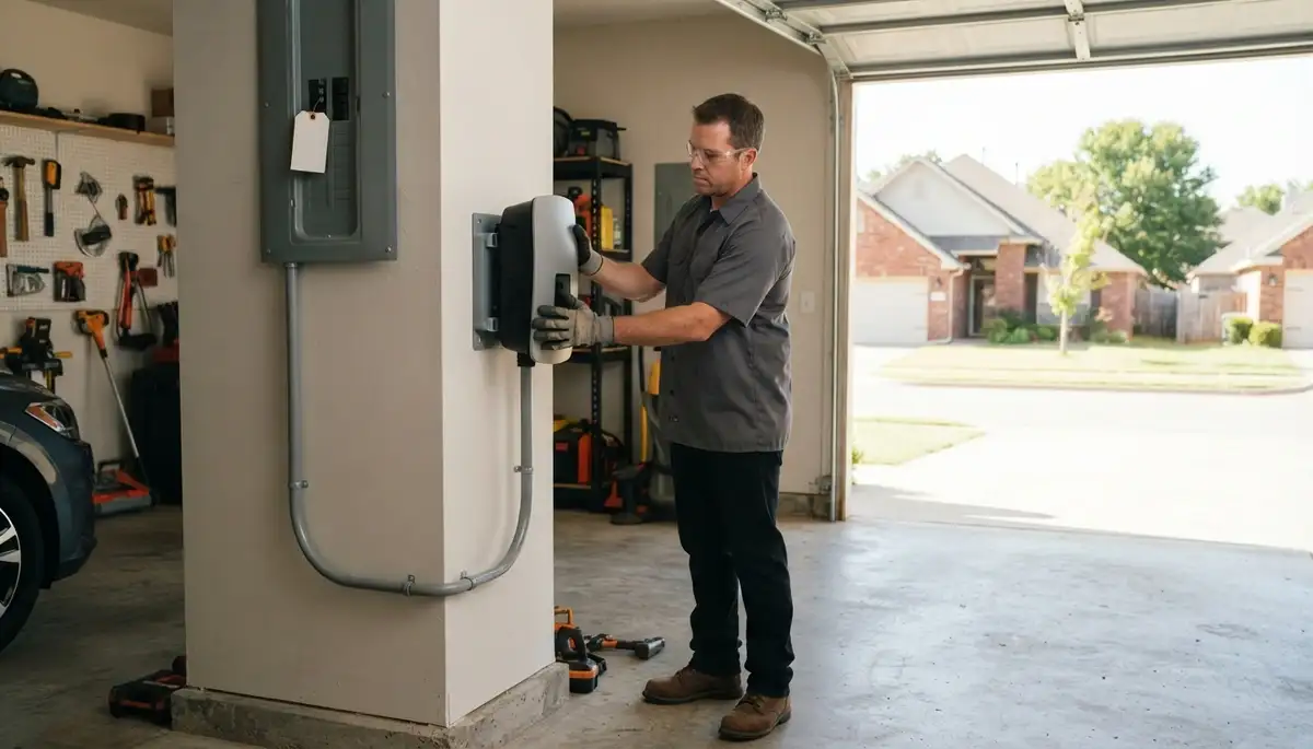 Electric vehicle charger installation in a Newalla, OK garage by a professional electrician