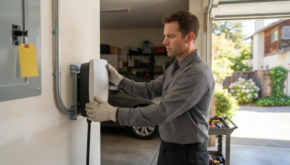 Electric vehicle charger installation in a Piedmont, OK garage by a professional electrician