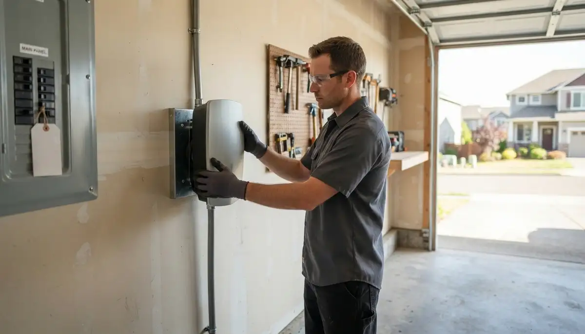Electrician installing an EV charger at a Spencer, Oklahoma home garage