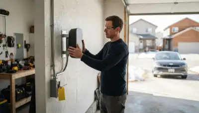 Electric vehicle charger installation by an electrician in a Yukon, OK garage with a dedicated Level 2 circuit