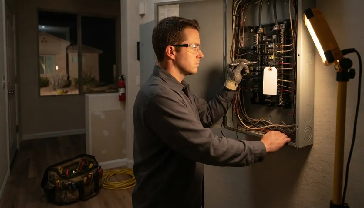 Emergency electrician diagnosing a tripped breaker in Cashion, OK