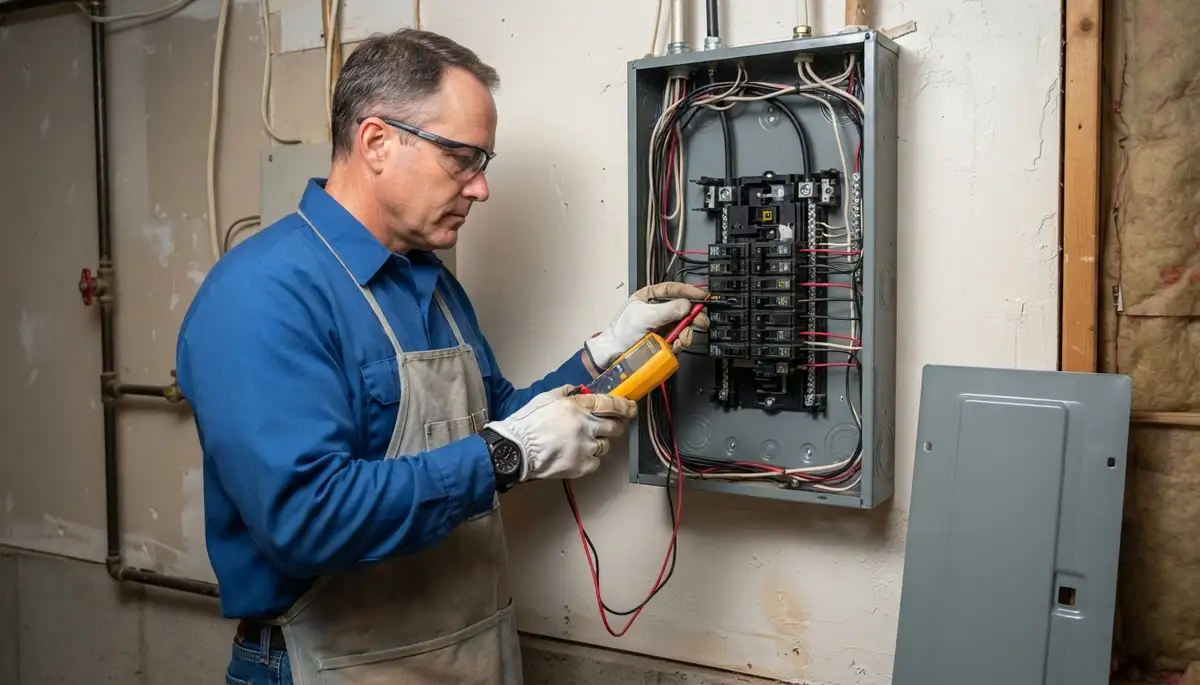 Oklahoma City electrician testing voltage and polarity on branch circuits after electrical panel installation