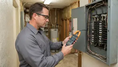 Oklahoma City electrician measures circuit load with a clamp meter at an open panel during a home energy audit