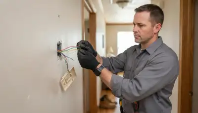 Oklahoma City electrician assessing labeled thermostat wires for compatible thermostat installation