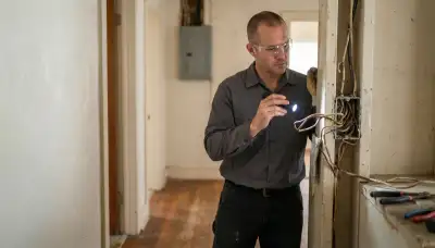 Oklahoma City electrician inspecting aged wiring insulation with a flashlight during an electrical wiring assessment