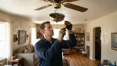 Electrician tests a ceiling fan pull-chain switch with a multimeter in an Oklahoma City, OK home