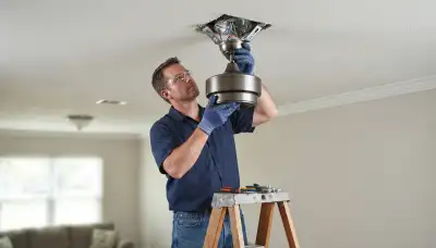 Electrician installs ceiling fan motor on a fan-rated box and brace in Oklahoma City, OK