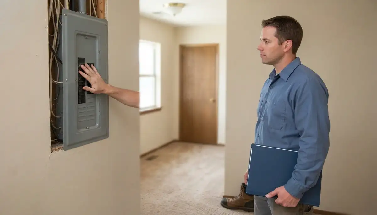 Electrician reviews prioritized home energy audit findings beside a closed panel in Oklahoma City, OK