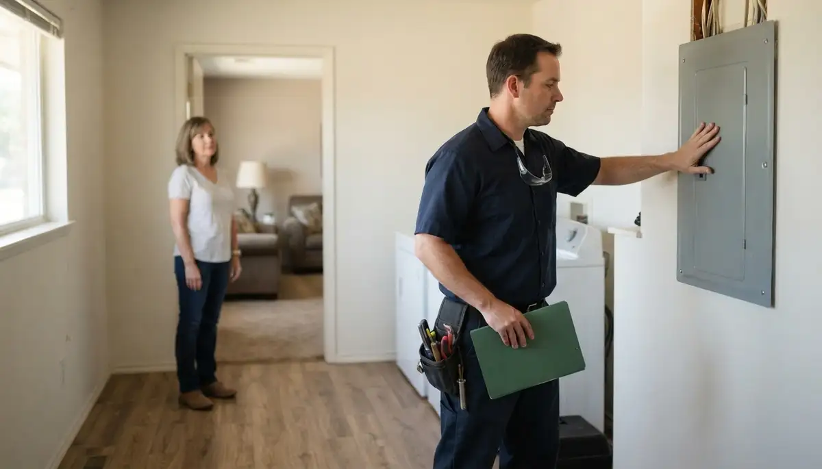 Oklahoma City electrician reviews home electrical inspection findings with homeowner near electrical panel