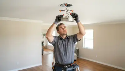 Electrician mounting and wiring a ceiling light fixture in an Oklahoma City, OK home