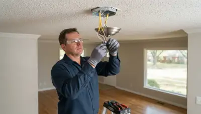 Electrician installs ceiling lighting fixtures and connects wiring safely in an Oklahoma City, OK home