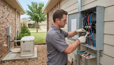 Electrician connects transfer switch conductors beside standby generator in Oklahoma City, OK