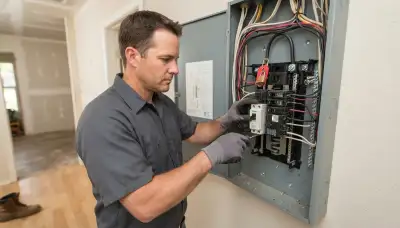 Electrician installing a GFCI breaker in an Oklahoma City, OK home electrical panel