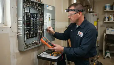 Oklahoma City electrician assessing GFCI circuits at an open electrical panel in an older home