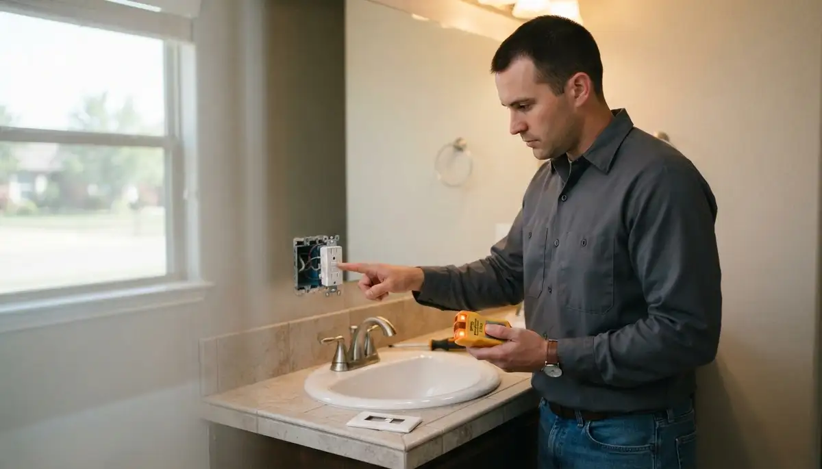 Electrician-installed GFCI outlet providing wet-area safety in a Blanchard, OK home