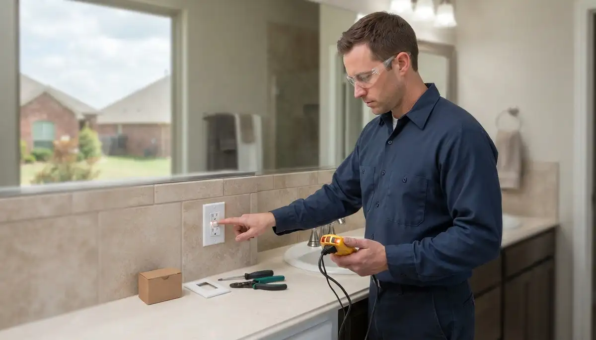 GFCI outlet for wet-area electrical safety in a Mustang, OK bathroom, installed by an electrician