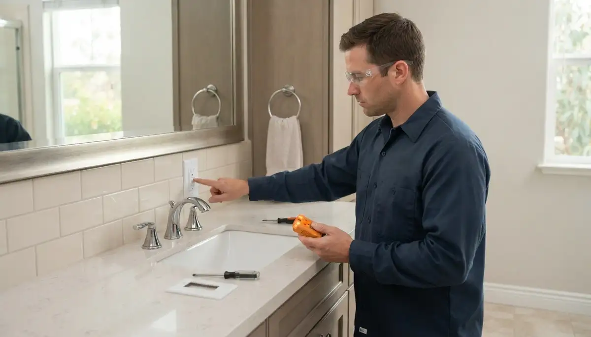 Electrician installing a GFCI outlet near a sink in an Oklahoma City, OK bathroom