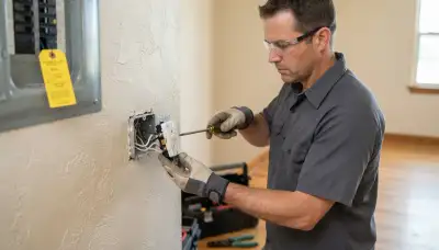 Electrician installs a GFCI outlet with test and reset buttons in an Oklahoma City, OK home