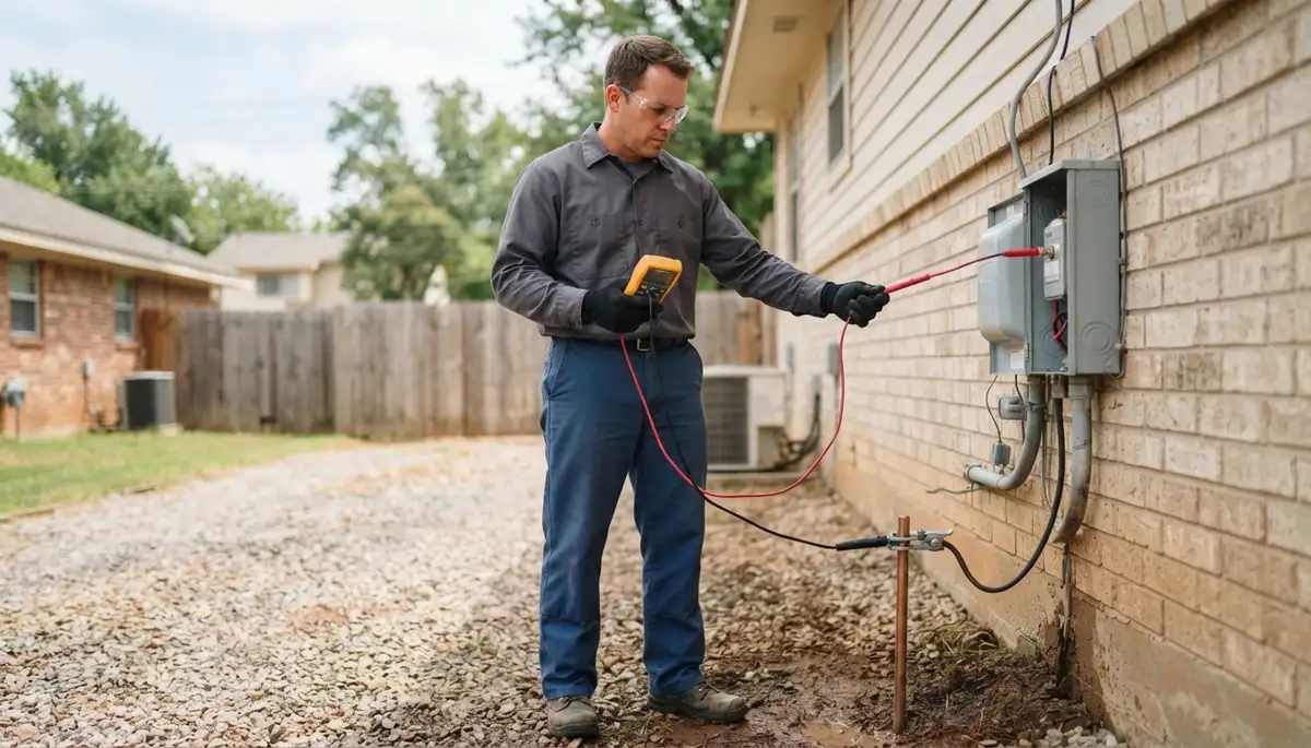 Electrician testing ground path continuity for surge protection in Oklahoma City, OK