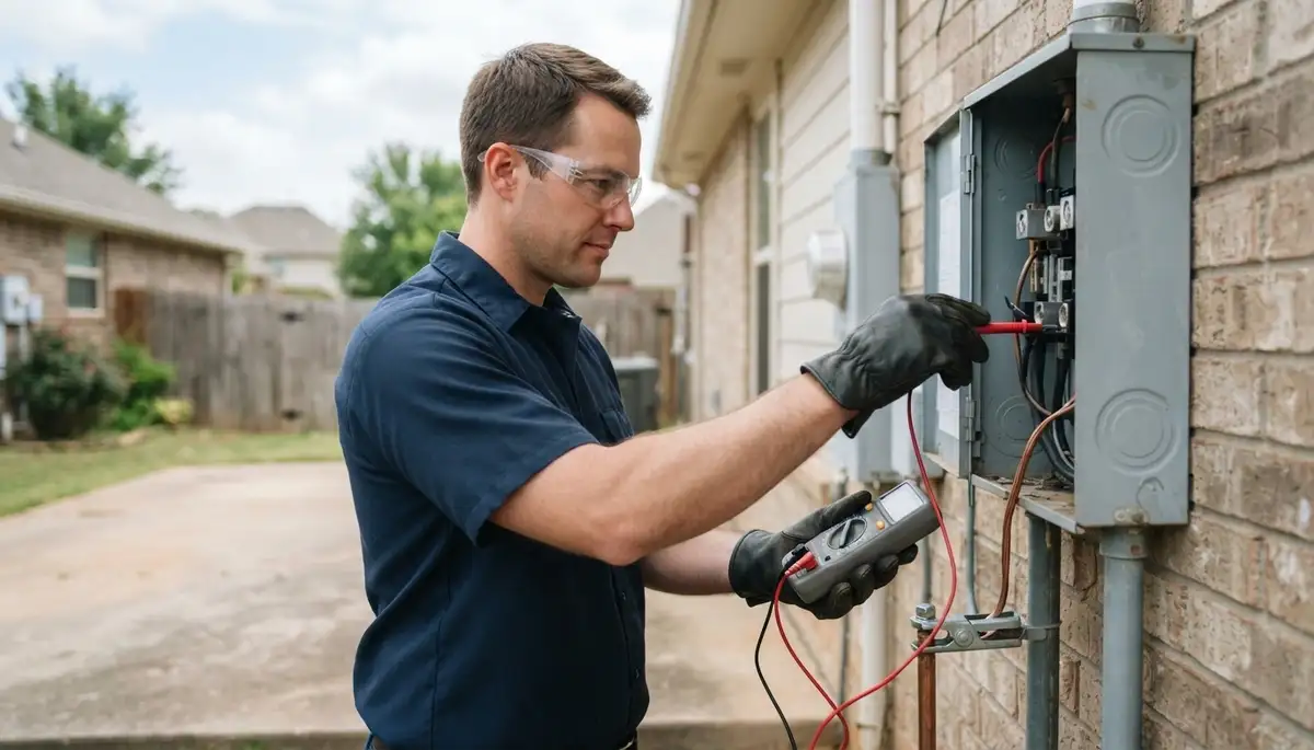 Oklahoma City electrician testing grounding electrode conductor and service voltage with a multimeter