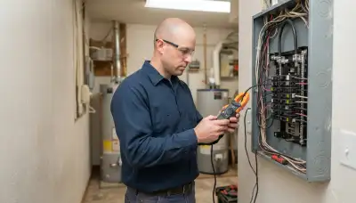 Oklahoma City electrician uses a clamp meter at an open service panel to assess a heater circuit