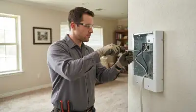 Electrician connecting dedicated circuit wires to a wall-mounted heater in Oklahoma City, OK