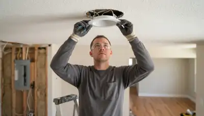 Oklahoma City electrician installs flush recessed lighting housings and trim in a residential ceiling
