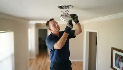 Electrician wiring an interconnected smoke detector to a ceiling base in an Oklahoma City, OK home